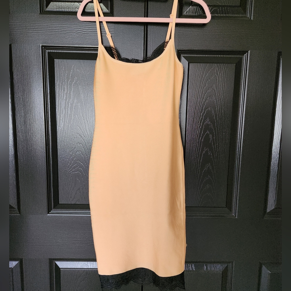 Miss Circle New York Peachy Nude Mini Slip Dress with Black Lace Trim – Size M
